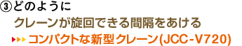 2. どこに: 狭い場所でもクレーン同士がぶつからない → コンパクトな新型クレーン (JCC-V720)