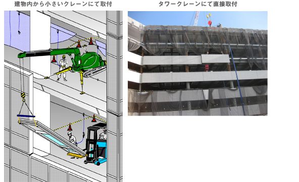 建物内から小さいクレーンにて取付、タワークレーンにて直接取付